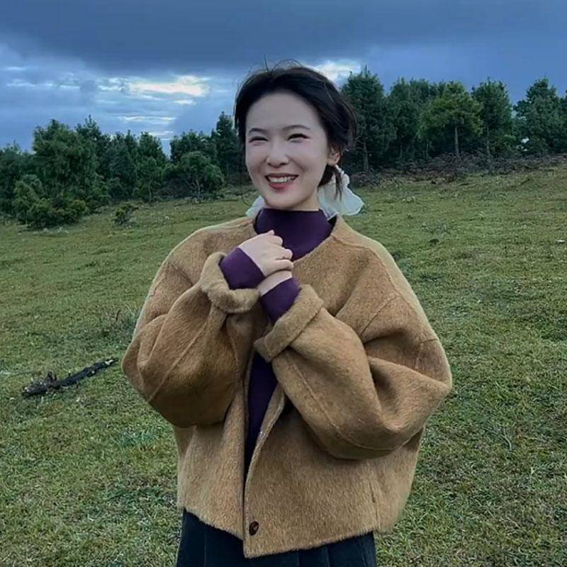 2025秋新款双面羊毛大衣女短款小个子百搭高级感覆古圆领毛呢外套