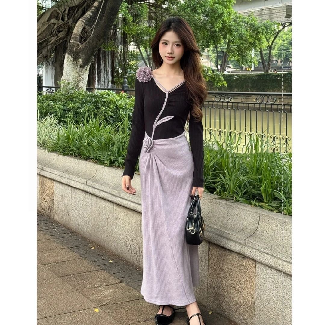 法式名媛优雅时尚立体花朵撞色长袖连衣裙女2025秋季新款性感裙子,女装/女士精品,连衣裙,淘宝优惠券,粉丝福利购,淘宝优惠卷