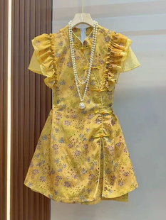 欧货2025新款新中式国风木耳边盘扣斜襟镂空上衣松紧腰短裤两件套