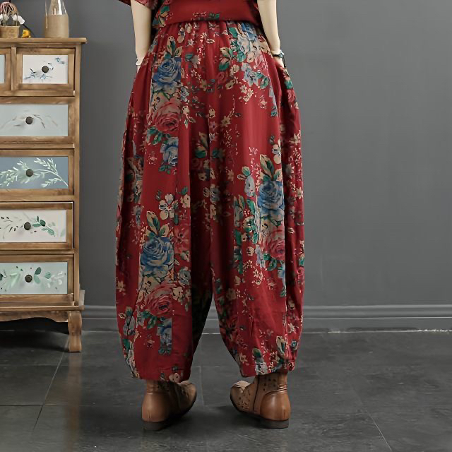 大码女装棉麻大花灯笼裤女松紧腰宽松哈伦裤中国风老爹裤子女裤潮