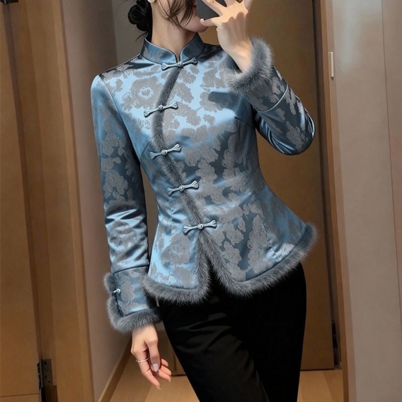 新中式复古蓝色提花加绒衬衫女秋冬重要场合国风独特别致唐装上衣