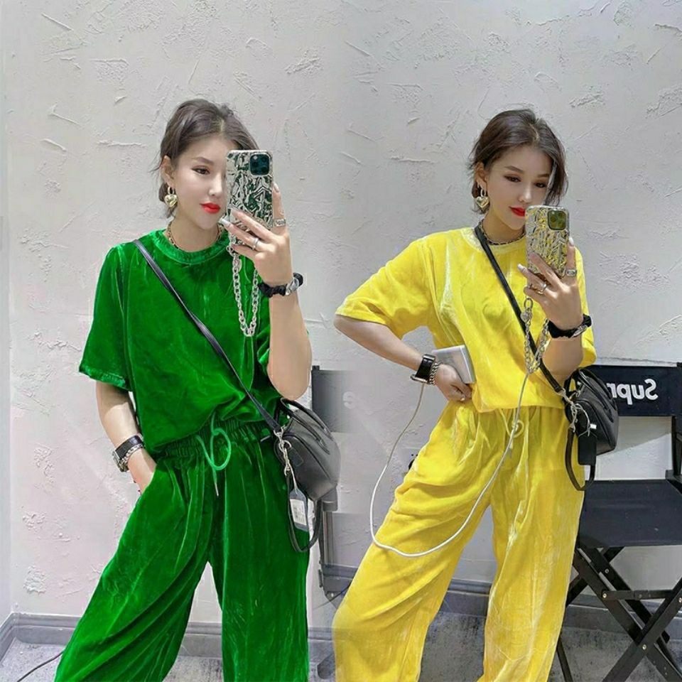 时尚套装女欧货秋季新款糖果色冰丝金丝绒套装洋气宽松两件套女潮