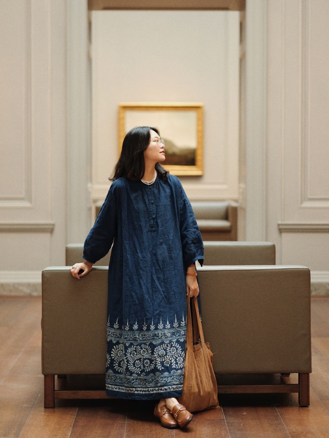 2025秋季新款休闲文艺草木染蓝染原创蜡画长裙子宽松袍子连衣裙女