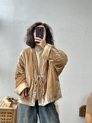 古村一站2025高奢定制刺绣金丝绒系带设计短外套女复古休闲棉衣潮