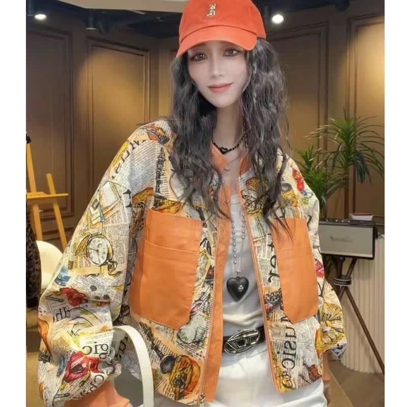 欧洲站复古气质2025新款外套春秋显瘦印花洋气时尚大口袋夹克上衣