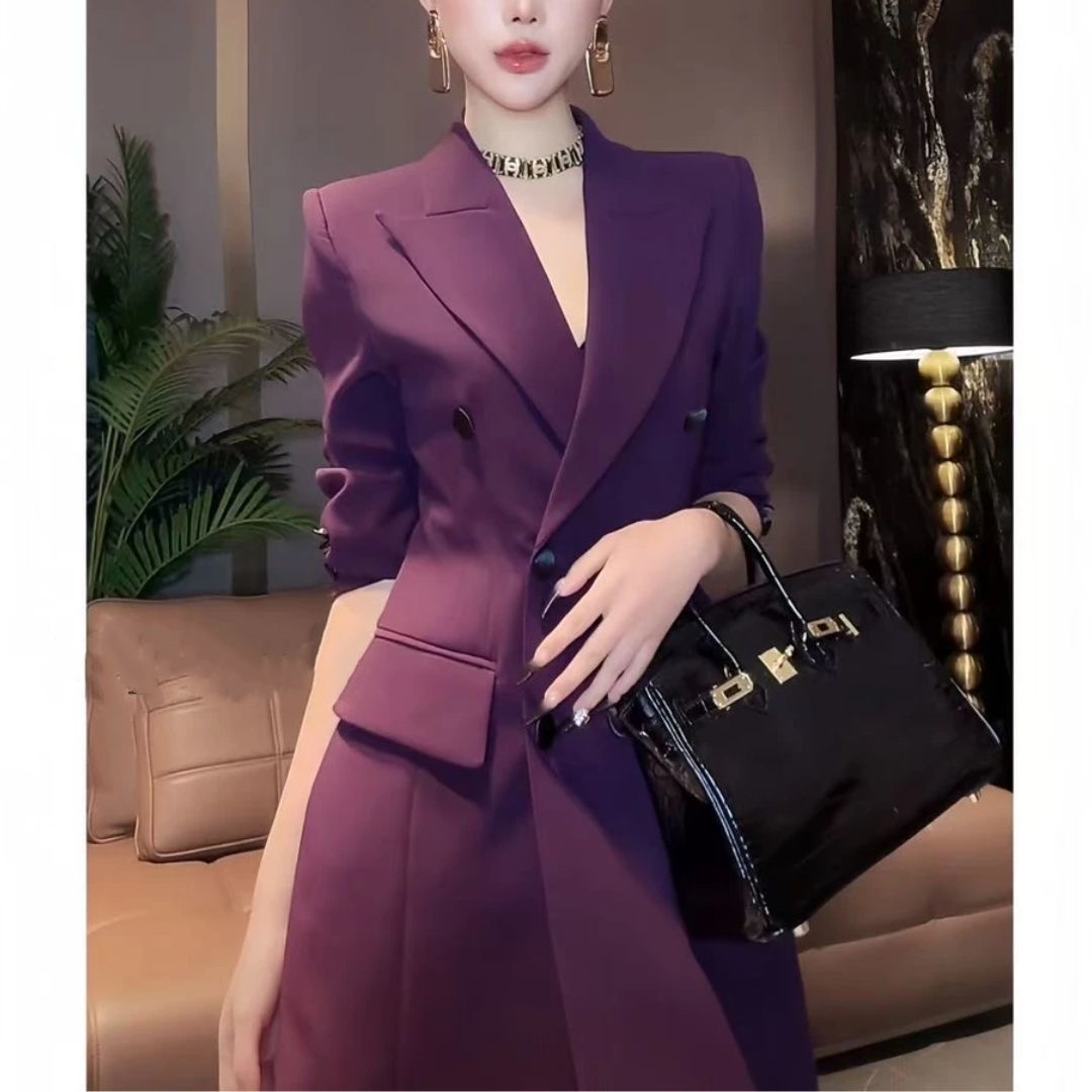 欧洲站气质翻领双排扣收腰长袖西装外套女2025秋季新款高级感上衣