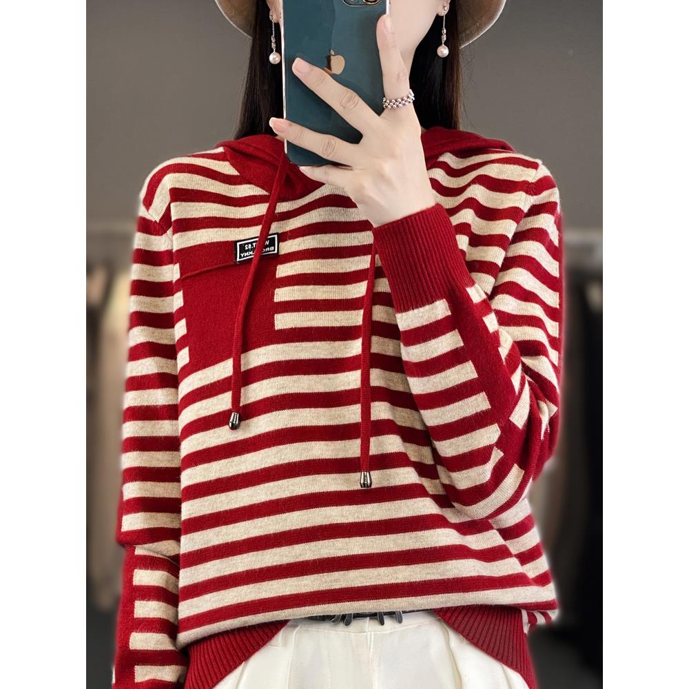 MONLOUVE秋冬条纹连帽套头打底针织衫女外套毛衣宽松时尚减龄上衣