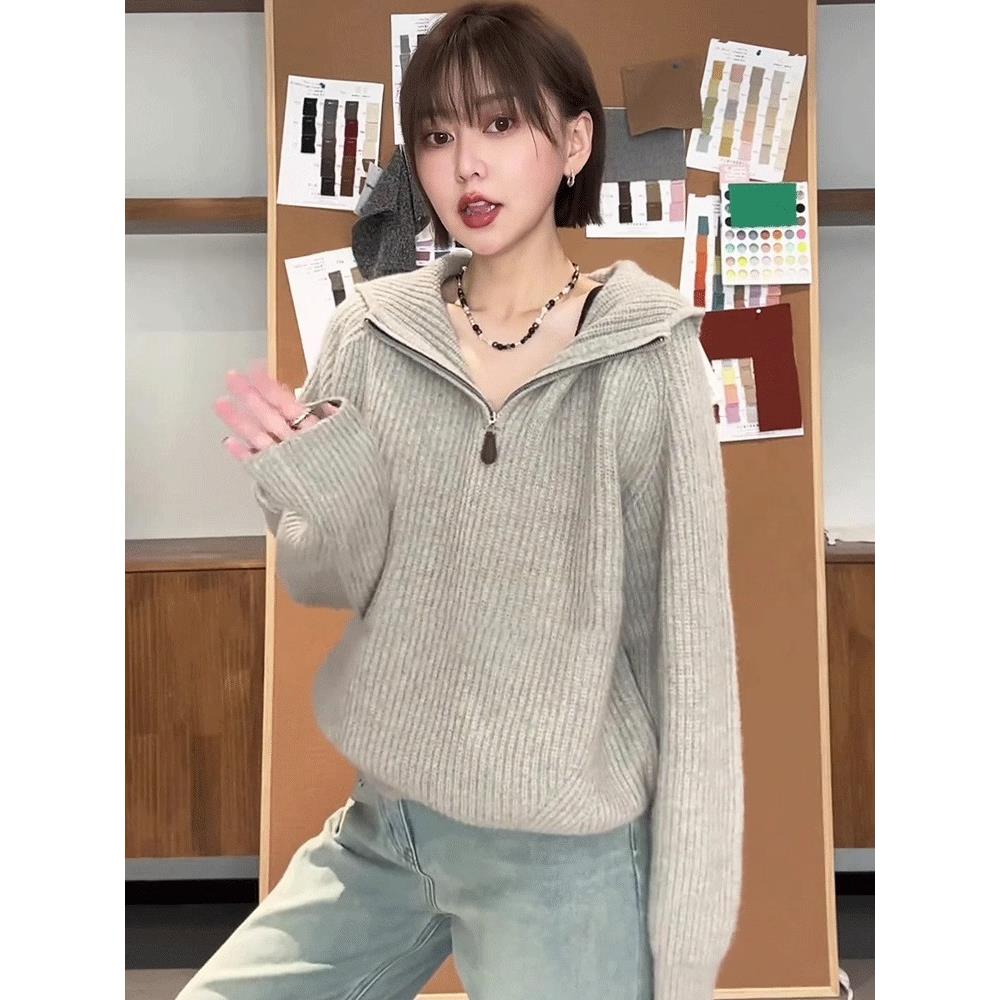 MONLOUVE慵懒风秋冬半拉炼连帽毛衣女款2025新款冬季爆款外穿宽松