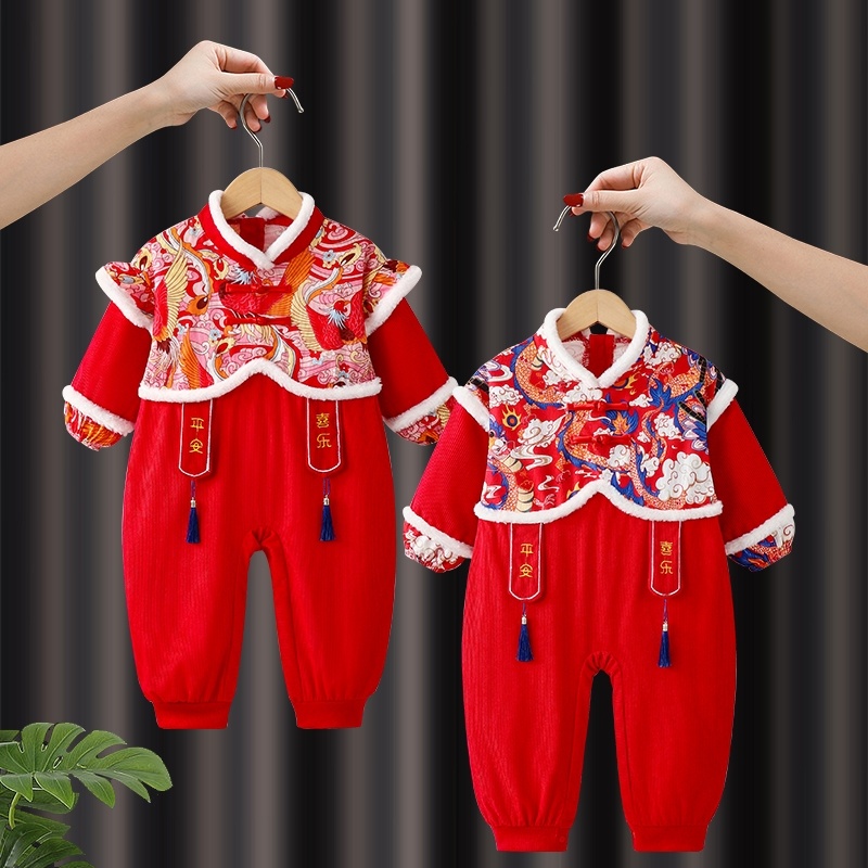 新年宝宝罩衣春节婴幼儿一体式连体衣灯芯绒爬爬服秋冬新款全身衣