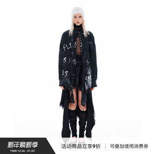 VINZOO 薄外套女 原创印花黑色铜氨质感丝巾抽绳宽松休闲衬衫