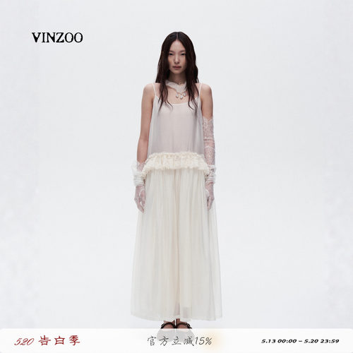 VINZOO复古蕾丝轻薄吊带连衣裙