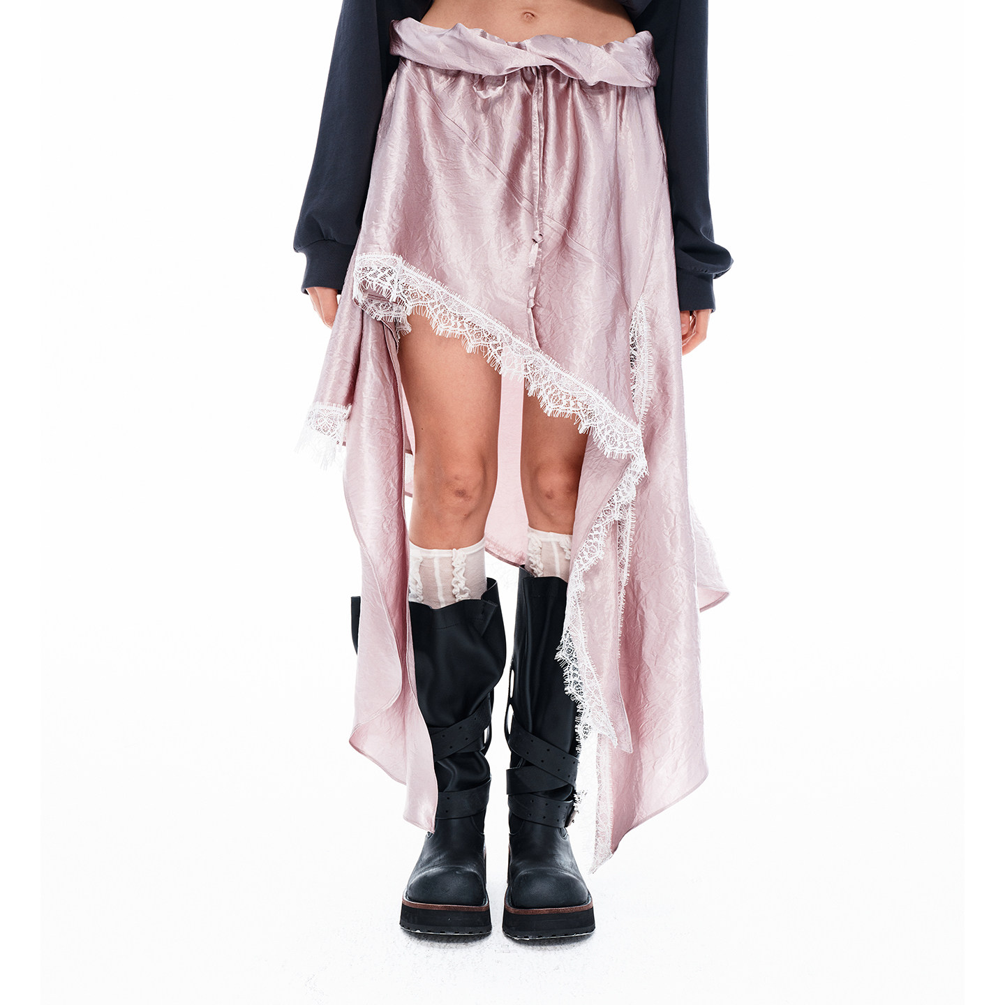 VINZOO - 原创灰粉色不规则短裙女流浪感浪漫蕾丝拼接半身裙新款