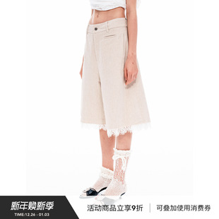 女2025新款 中裤 原创棉麻复古拼接蕾丝A字型牛仔七分裤 VINZOO