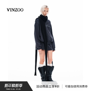 VINZOO 黑色羊毛套头高领设计感休闲长摆造型围巾女秋冬新款