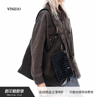 VINZOO 咖色亚麻工匠帆布拼接头层牛皮大容量轻质单肩斜挎托特包