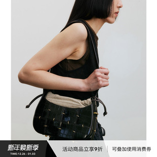 VINZOO 小号深咖色牛皮拼接原创百搭单肩腋下斜跨包女新款