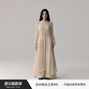 VINZOO 不规则大摆微透衬衣连衣裙女2025新 原创小众杏粉色长款