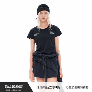 VINZOO 女2025 黑色复古水洗手绘小坦克对称印花圆领T恤Tee短袖