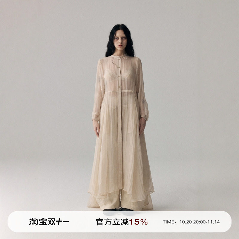 VINZOO - 原创小众杏粉色长款不规则大摆微透衬衣连衣裙女2025新