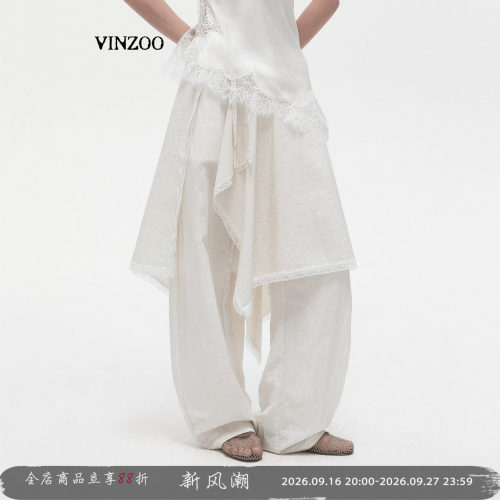 VINZOO亚麻蕾丝弯刀裤裙裤
