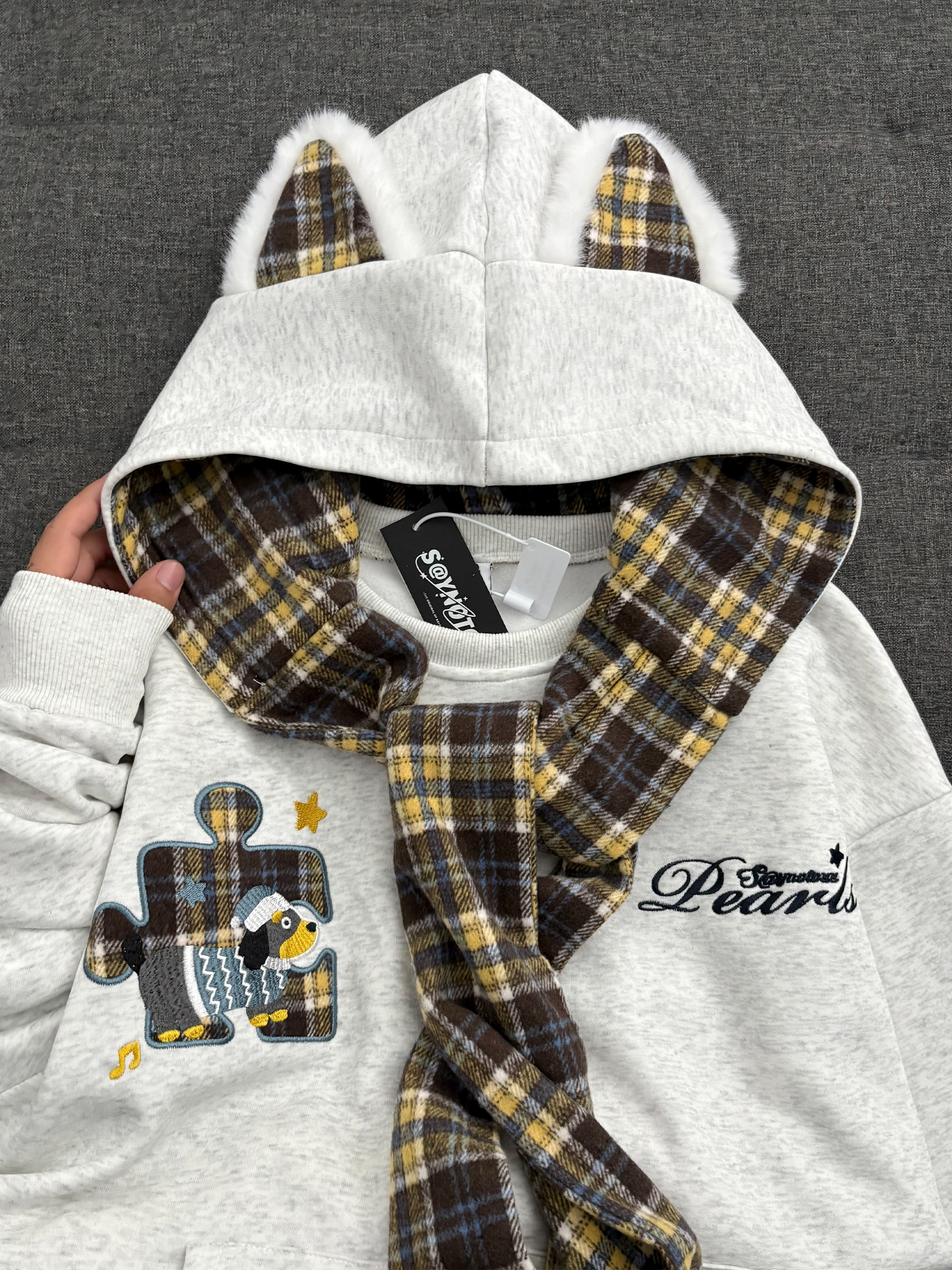 美式覆古格纹披肩绑带连帽卫衣女秋冬宽松慵懒风加绒加厚拼接外套