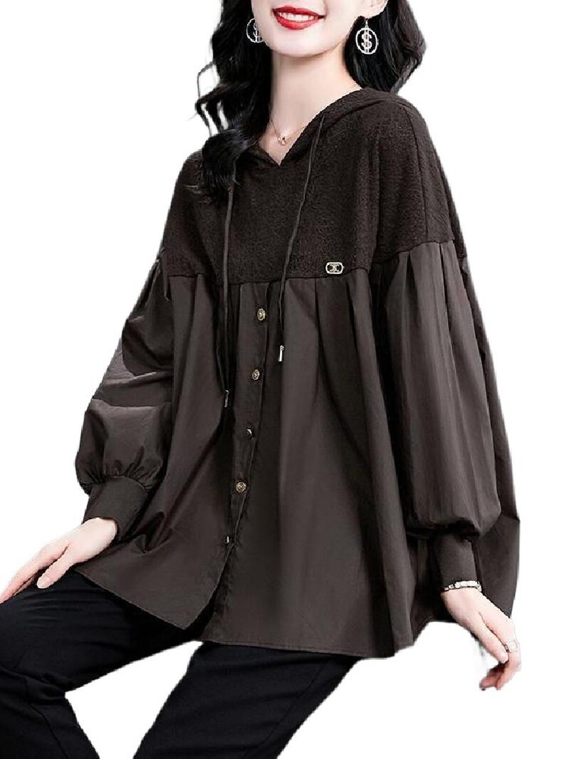 COVERING THE FLESH FASHIONABLE TEMPERAMENT SPRING AND AUTUMN TOPS HIGH-QUALITY VERSATILE PATCHWORK HOODED TOPS T-SHIRTS COFFEE COLOR NEW AUTUMN AND WINTER LOOSE