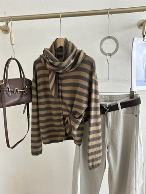 深圳南油2025冬时尚设计感小众圆领条纹撞色显瘦百搭针织开衫外套