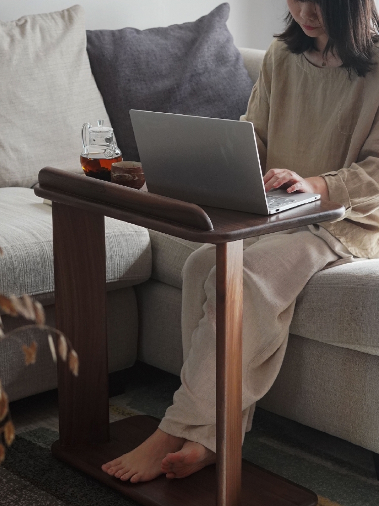 新中式实木沙发边几简约可移动电脑桌黑胡桃木客厅卧室小户型书桌