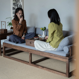 新中式实木榻椅沙发椅黑胡桃木禅意榫卯简约双人客厅罗汉床榻