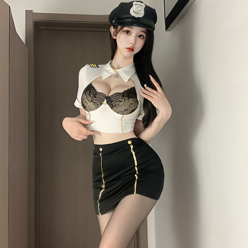 圣芭拉性感蕾丝诱惑紧身包臀火辣女警qqny免脱套装激情制服