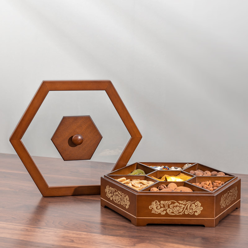 家用分格茶几干果盘客厅简约新中式实木坚果盘结婚瓜子零食糖果盘