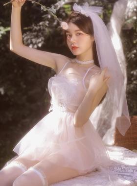 霏慕浪漫网纱新娘套装睡裙女夏性感情趣情绪纯欲开叉白色吊带睡衣