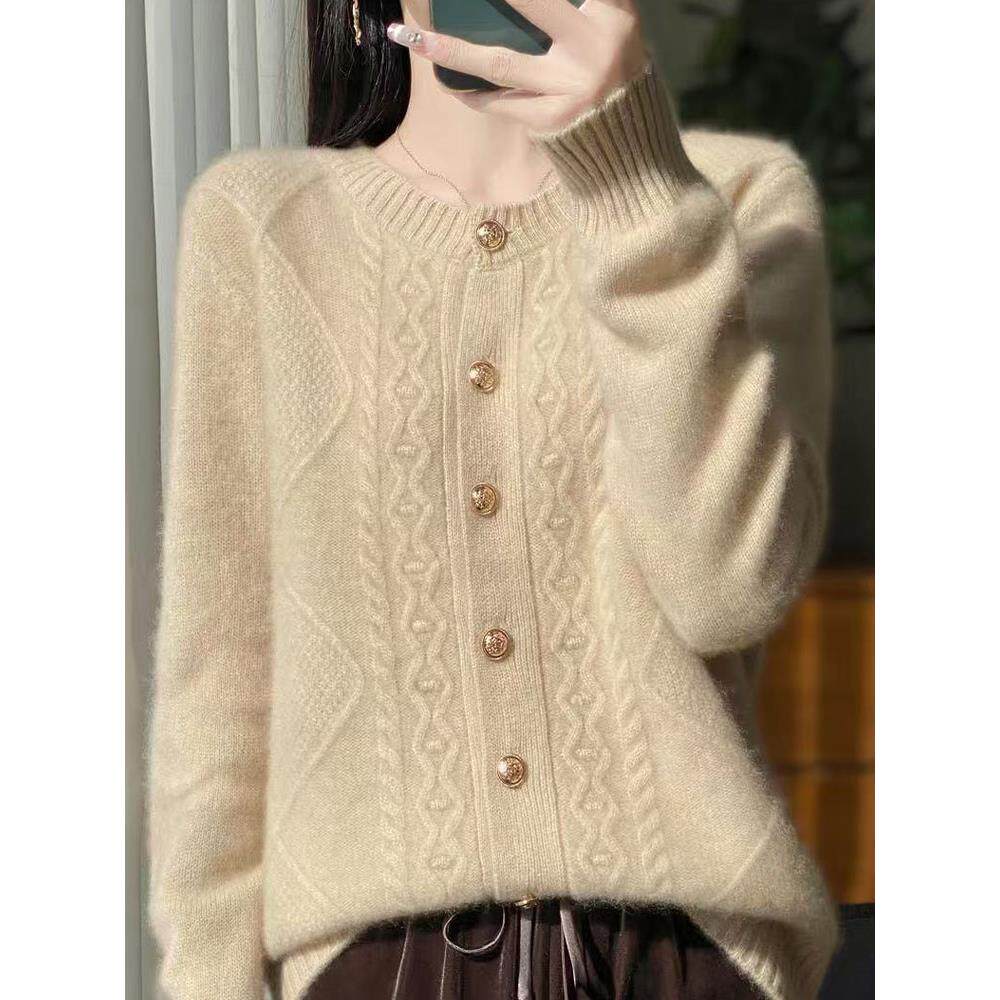 MONLOUVE慵懒风加厚外套女式覆古提花韩系毛衫圆领针织开衫秋冬款