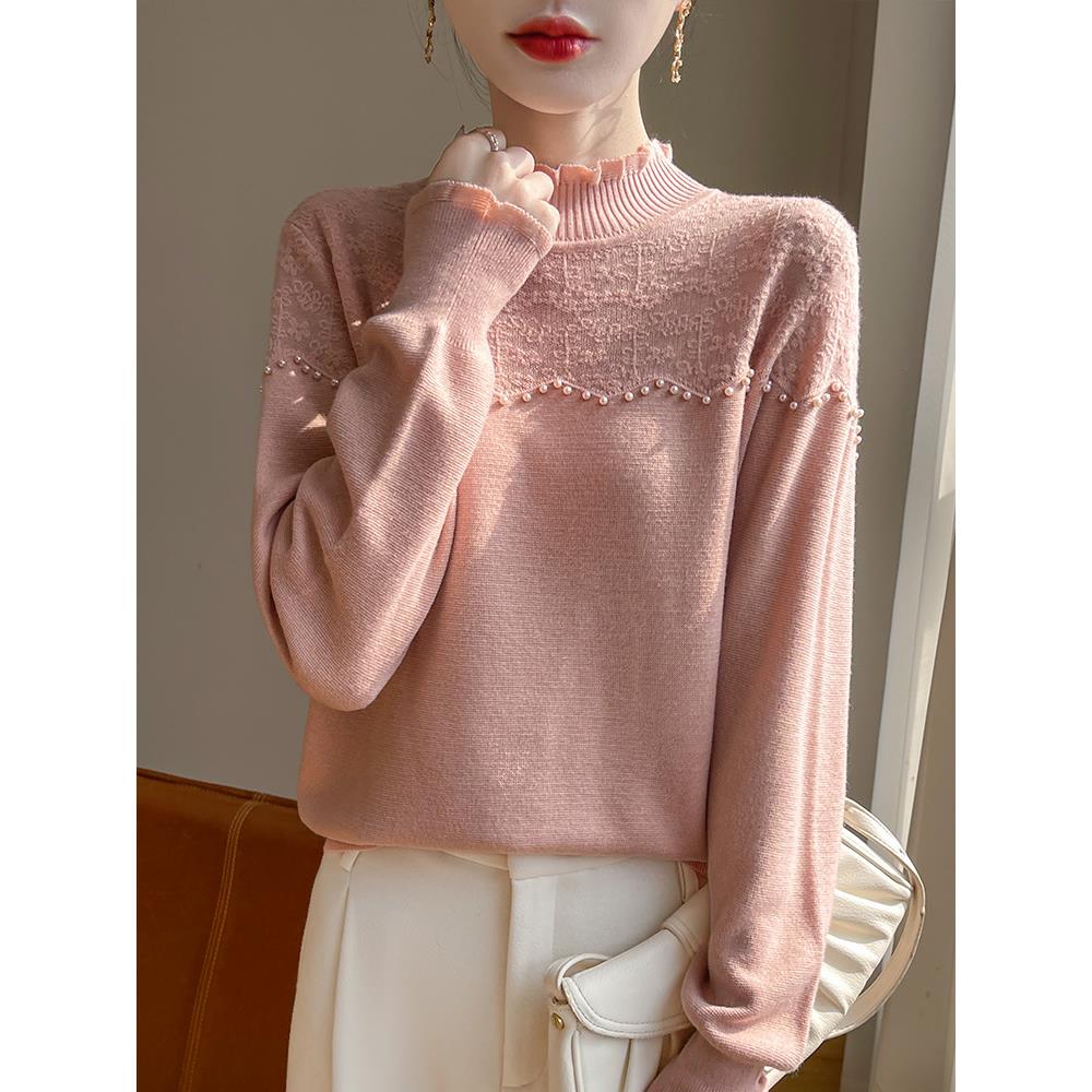 MONLOUVE2025秋冬蕾丝木耳花边半高领打底衫钉珠钩花针织衫女时髦