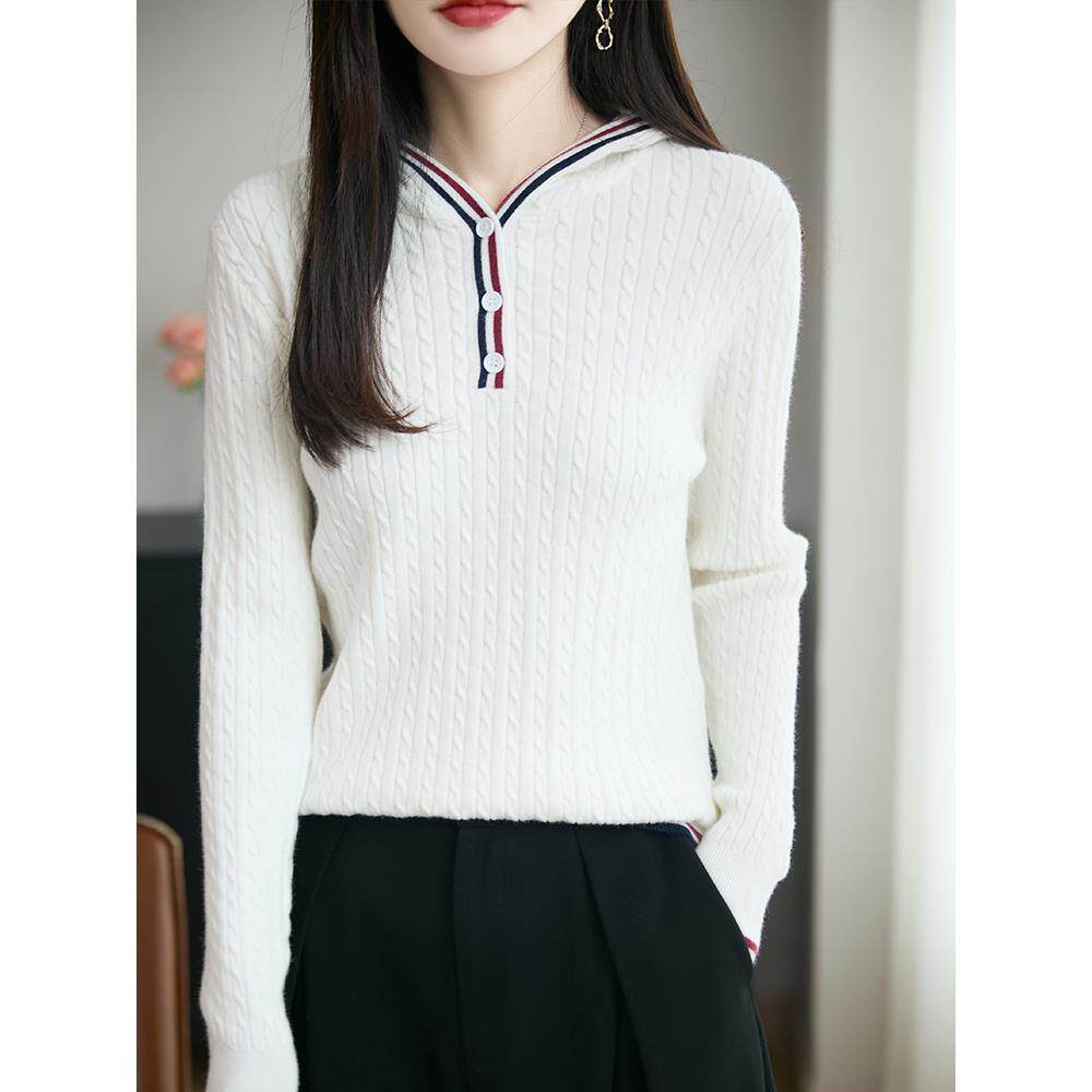 MONLOUVE学院风撞色麻花连帽针织衫秋季洋气修身帽衫打底衫带帽毛