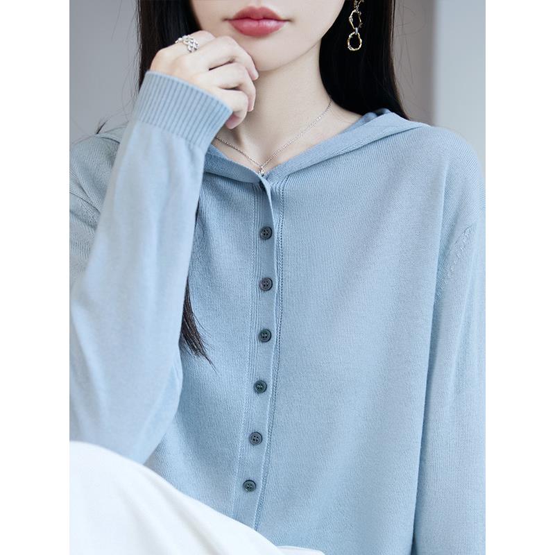 MONLOUVE2025新款休闲连帽针织开衫女薄款毛衣外套减龄上衣宽松卫