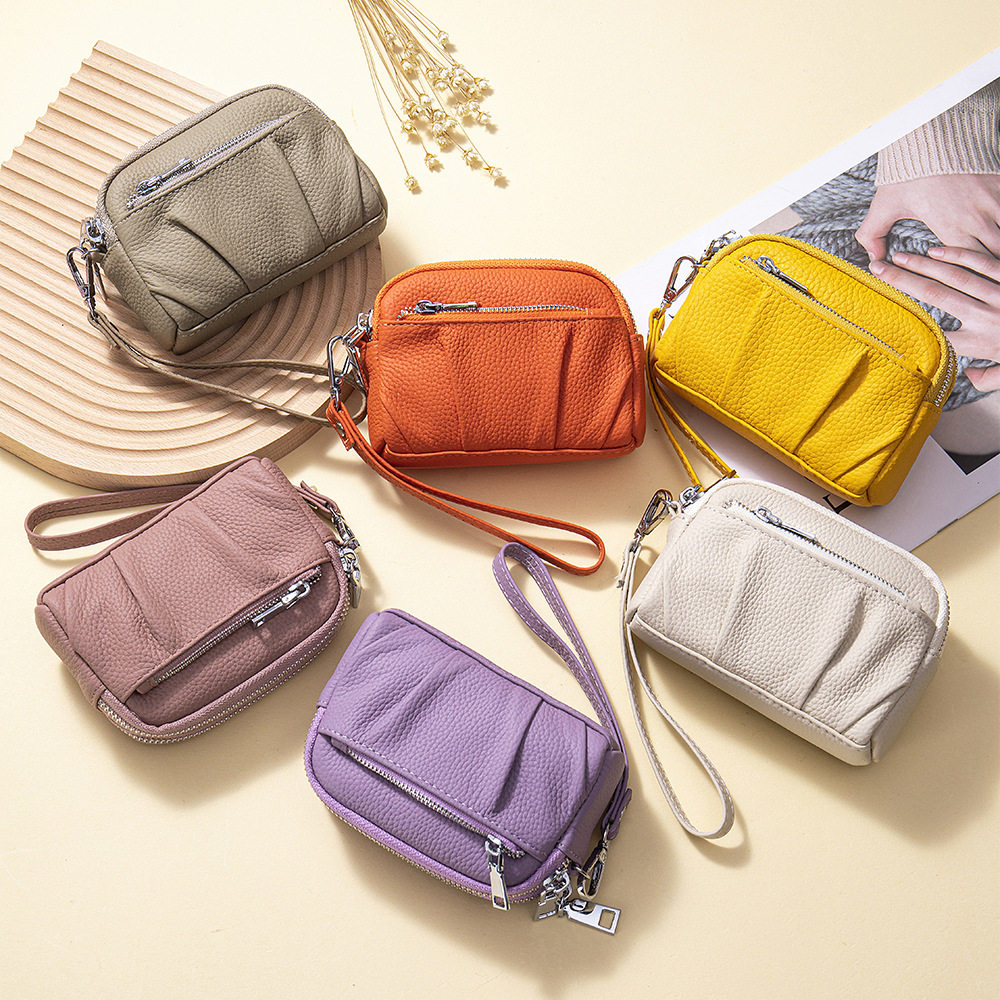 新款真皮女士三拉链手腕零钱包大容量褶皱贝壳手拿包多功能收纳包