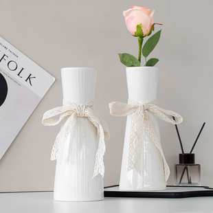 创意北欧蕾丝白色陶瓷干花花瓶摆件简约家居客厅水养插花装 饰花器