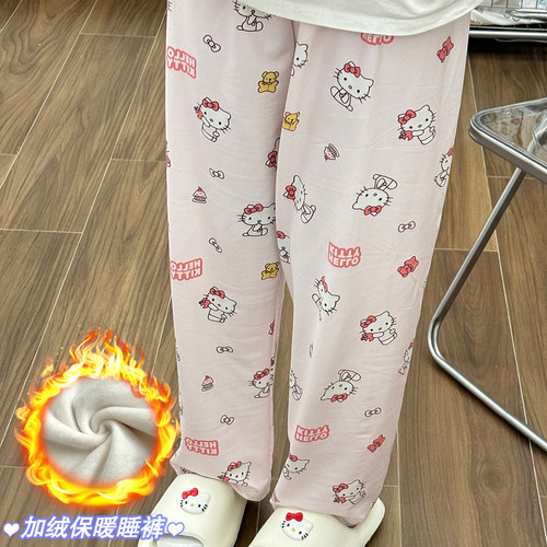 秋冬款抓绒可爱小熊睡裤女宽松居家休闲长裤加绒家居裤外穿遛弯裤