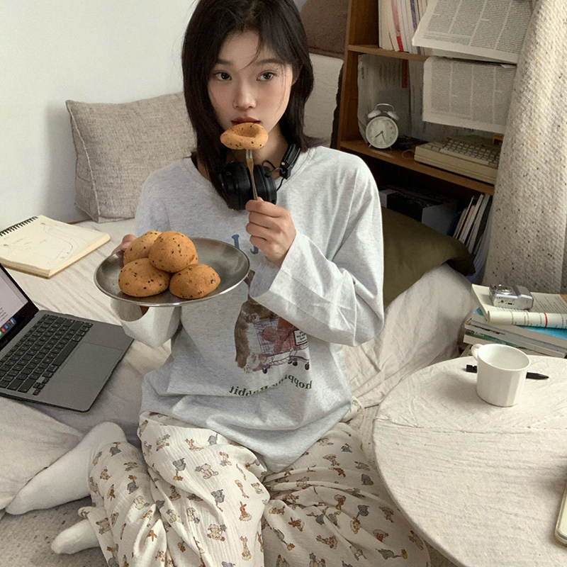ins兔子印花长袖长裤睡衣女春秋款2025新款卡通长裤家居服套装女,女士内衣/男士内衣/家居服,睡衣/家居服套装,淘宝优惠券,粉丝福利购,淘宝优惠卷