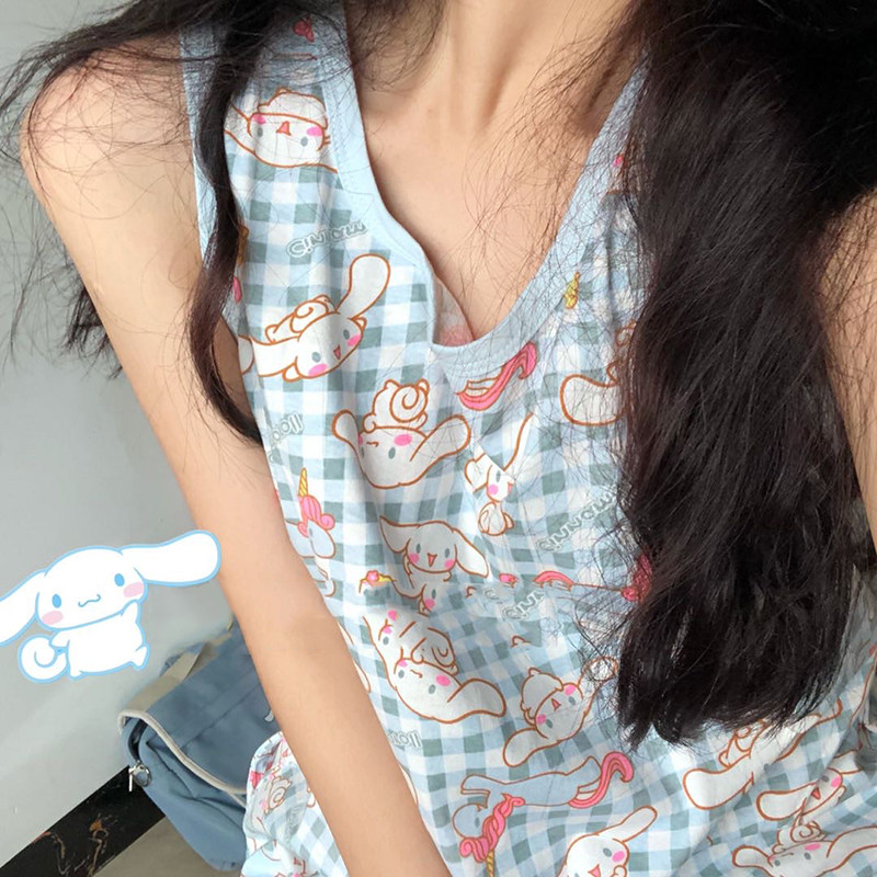 귀여운 계피 개 민소매 라운드 넥 잠옷 느슨한 가정 의류 학생 여름 달콤한 얇은 치마 소녀 의류 겉옷