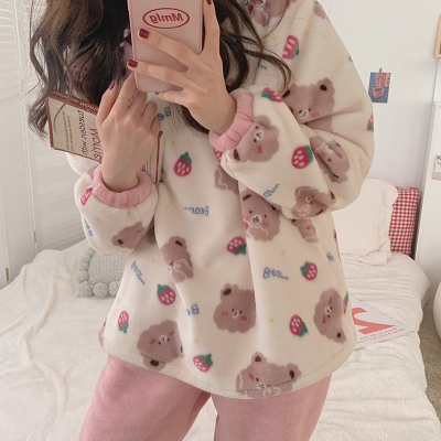 睡衣女秋冬季法兰绒家居服套装