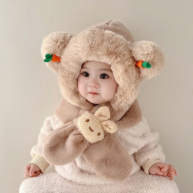 宝宝儿童帽子围巾一体帽秋冬款加厚女童婴儿毛绒帽男孩围脖护耳帽