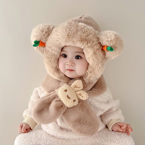 宝宝儿童帽子围巾一体帽秋冬款加厚女童婴儿毛绒帽男孩围脖护耳帽