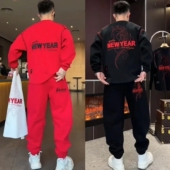 冬季 两件套 宽松束脚休闲裤 潮牌加绒圆领刺绣圆领卫衣套装 男女同款