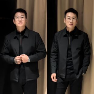 秋季 翻领外套商务休闲舒适百搭行政夹克高档哑光黑简约上衣 男士