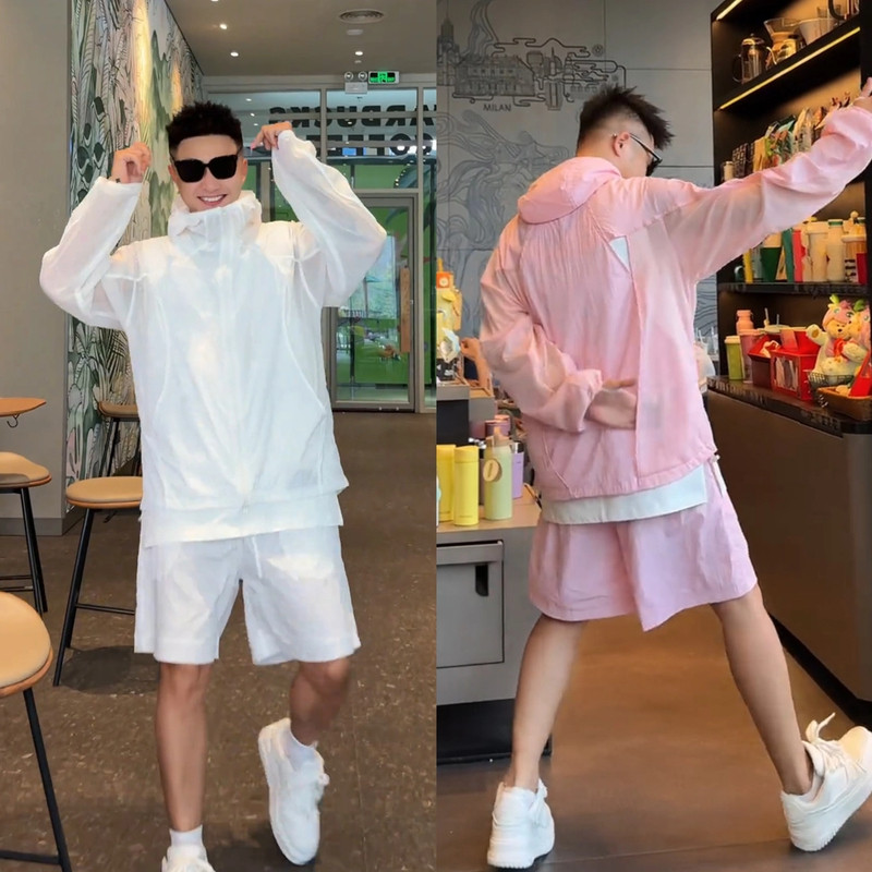 夏季新款拼网眼轻薄透气凉感防晒套装男女同款连帽外套短裤两件套