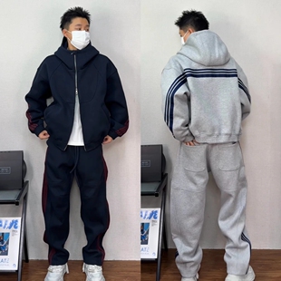 秋冬重磅Boxy解构三条杠休闲运动套装时尚潮流连帽卫衣卫裤两件套