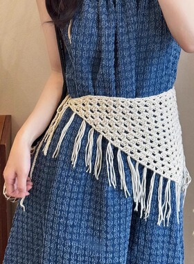 波西米亚白色编织三角巾腰带女复古装饰腰巾屁帘头巾腰封腰间配饰