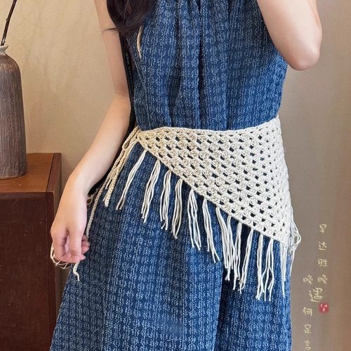 波西米亚白色编织三角巾腰带女款高级感腰巾屁帘头巾腰封腰间配饰 - 封面